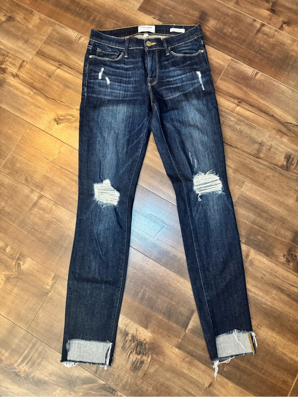 Frame Denim Dark Blue Skinny Jeans with Distressed Knees